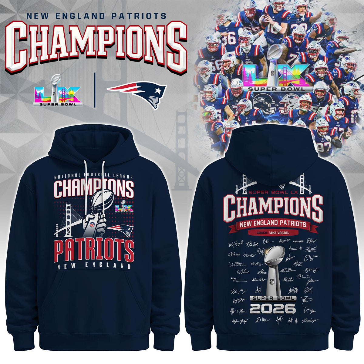 Limited Edition PATRIOTS CHAMPIONS Super Bowl LX Hoodie