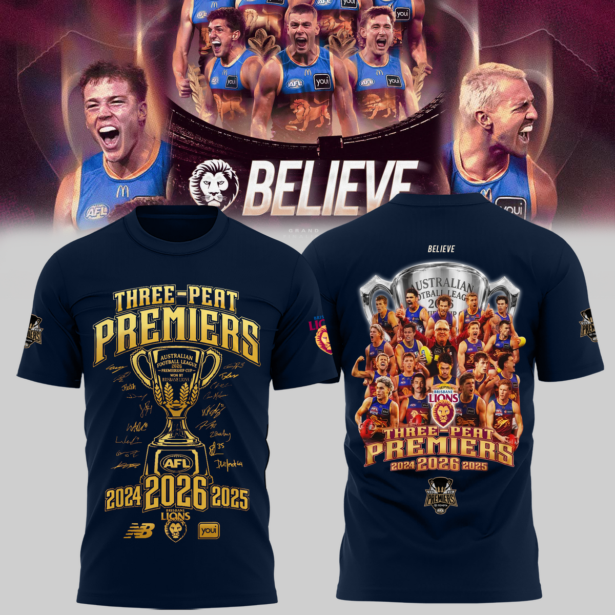 Limited Edition Brisbane Lions 2026 AFL Three - Peat Premiers T-shirt
