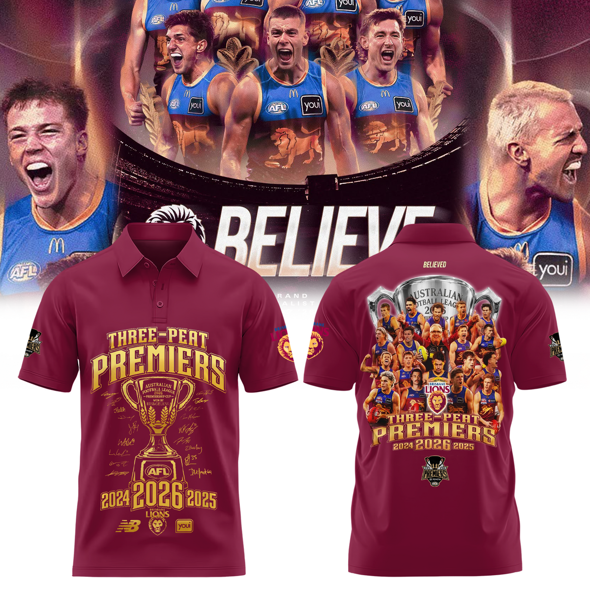 Limited Edition Limited Edition Brisbane Lions 2026 AFL Three - Peat Premiers Polo