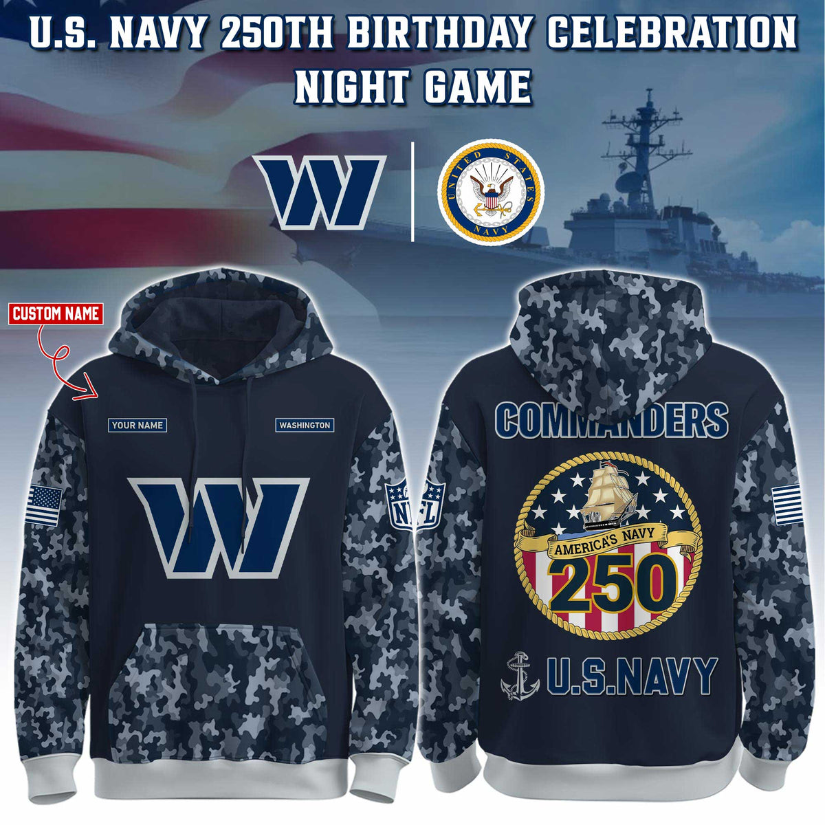 Washington Commanders Navy 250th Birthday Hoodie Limited Edions