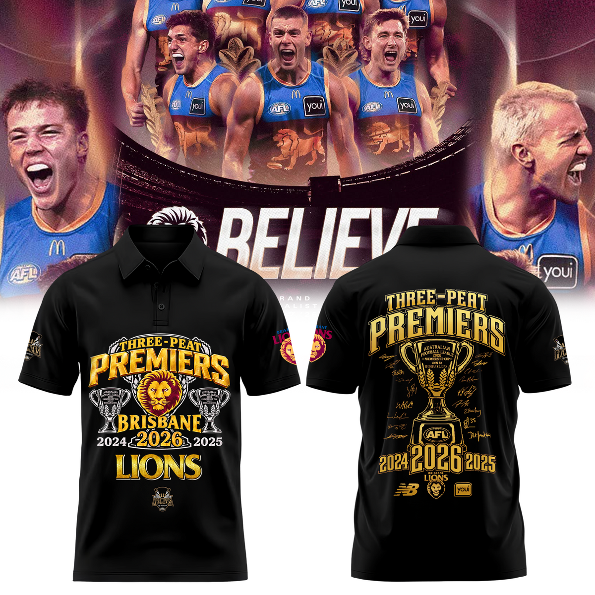 Limited Edition Limited Edition Brisbane Lions 2026 AFL Three - Peat Premiers Polo