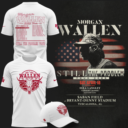 Exclusive Morgan Wallen x Alabama Football T-Shirt White "Still The Problem Tour 2026" for fans!