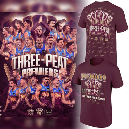Limited Edition Brisbane Lions 2026 AFL Three - Peat Premiers T-shirt
