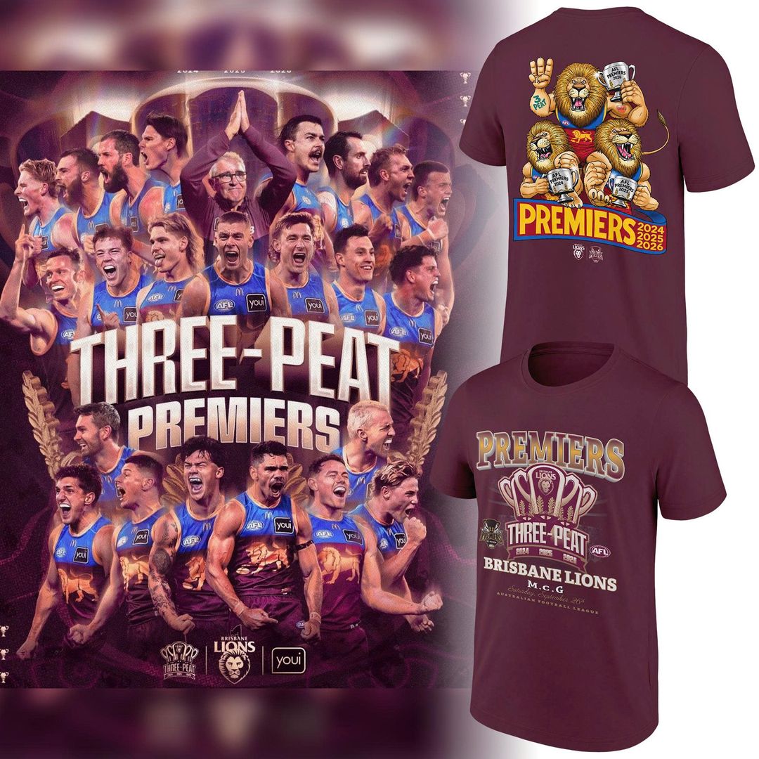 Limited Edition Brisbane Lions 2026 AFL Three - Peat Premiers T-shirt