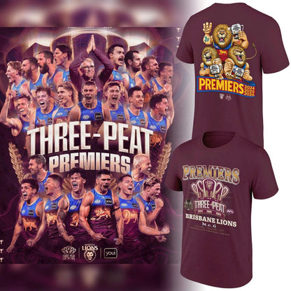 Limited Edition Brisbane Lions 2026 AFL Three - Peat Premiers T-shirt