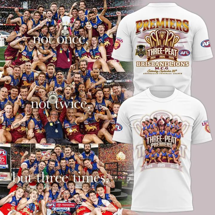 Limited Edition Brisbane Lions 2026 AFL Three - Peat Premiers T-shirt