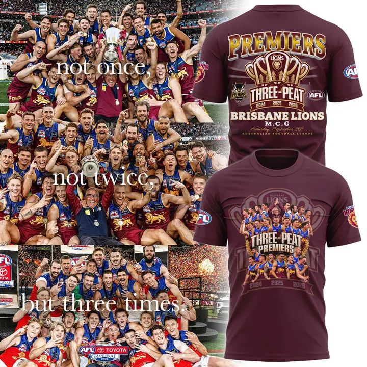 Limited Edition Brisbane Lions 2026 AFL Three - Peat Premiers T-shirt