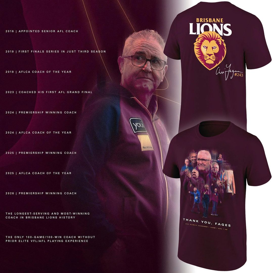 Brisbane Lions "THANK YOU FAGES" Coach Chris Fagan Signed Print T-Shirt