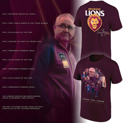 Brisbane Lions "THANK YOU FAGES" Coach Chris Fagan Signed Print T-Shirt