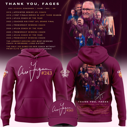 Brisbane Lions "THANK YOU FAGES" Coach Chris Fagan Signed Print Hoodie