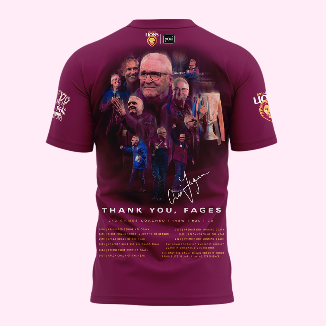 Brisbane Lions "THANK YOU FAGES" Coach Chris Fagan Signed Print T-Shirt